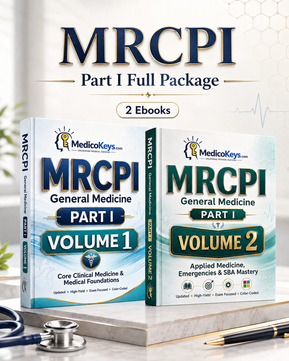MRCPI Part I Complete 2-Volume MedicoKeys eBook Package with updated high-yield, color-coded study notes, medical foundations, applied medicine, emergencies, revision points and SBA exam preparation.