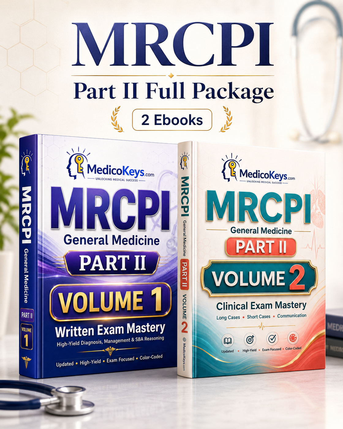 MRCPI Part II Complete 2-Volume MedicoKeys eBook Package with updated high-yield, color-coded written exam notes, SBA preparation, clinical reasoning, long cases, short cases and clinical exam preparation.