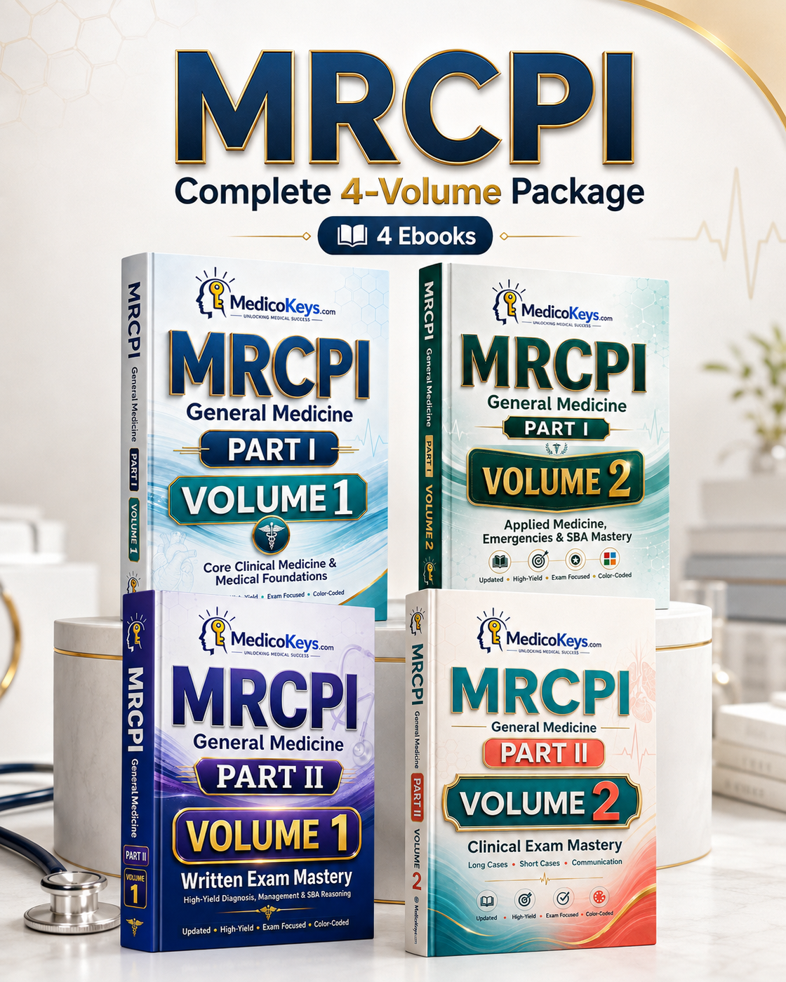MRCPI Part I and Part II Complete 4-Volume MedicoKeys eBook Library with updated high-yield, color-coded study notes, revision materials, SBA practice, clinical reasoning and comprehensive MRCPI Ireland exam preparation.
