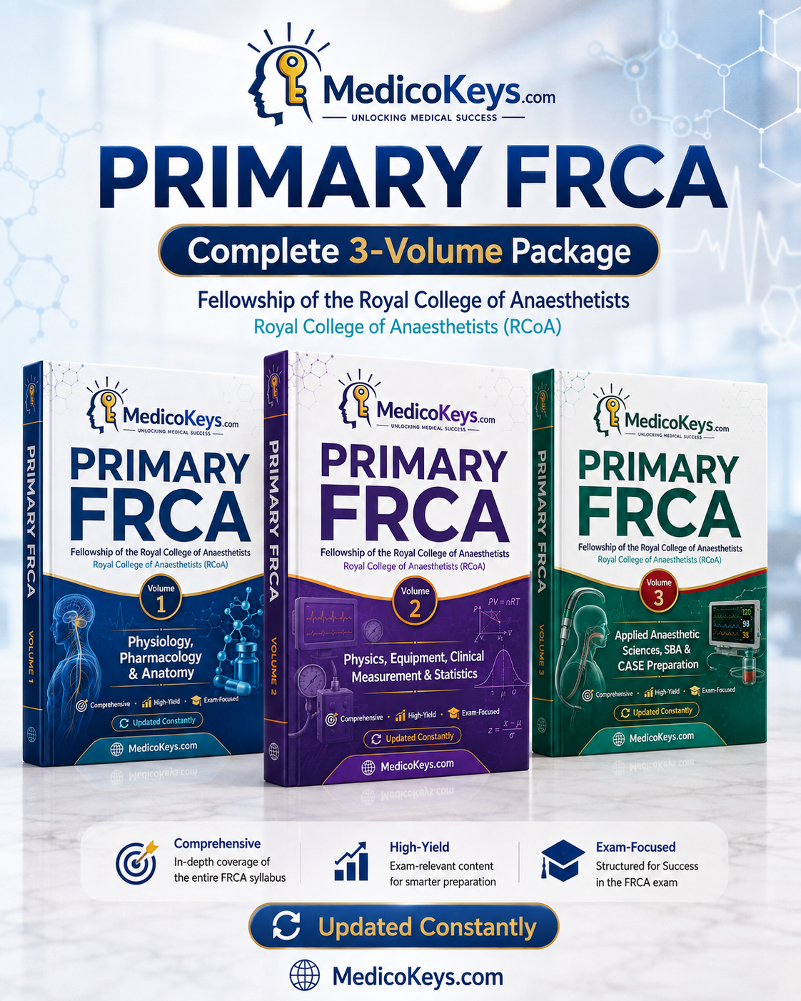 Primary FRCA Complete 3-Volume Package premium updated color-coded MedicoKeys exam library covering core sciences, equipment, clinical measurement, SBA practice and CASE preparation