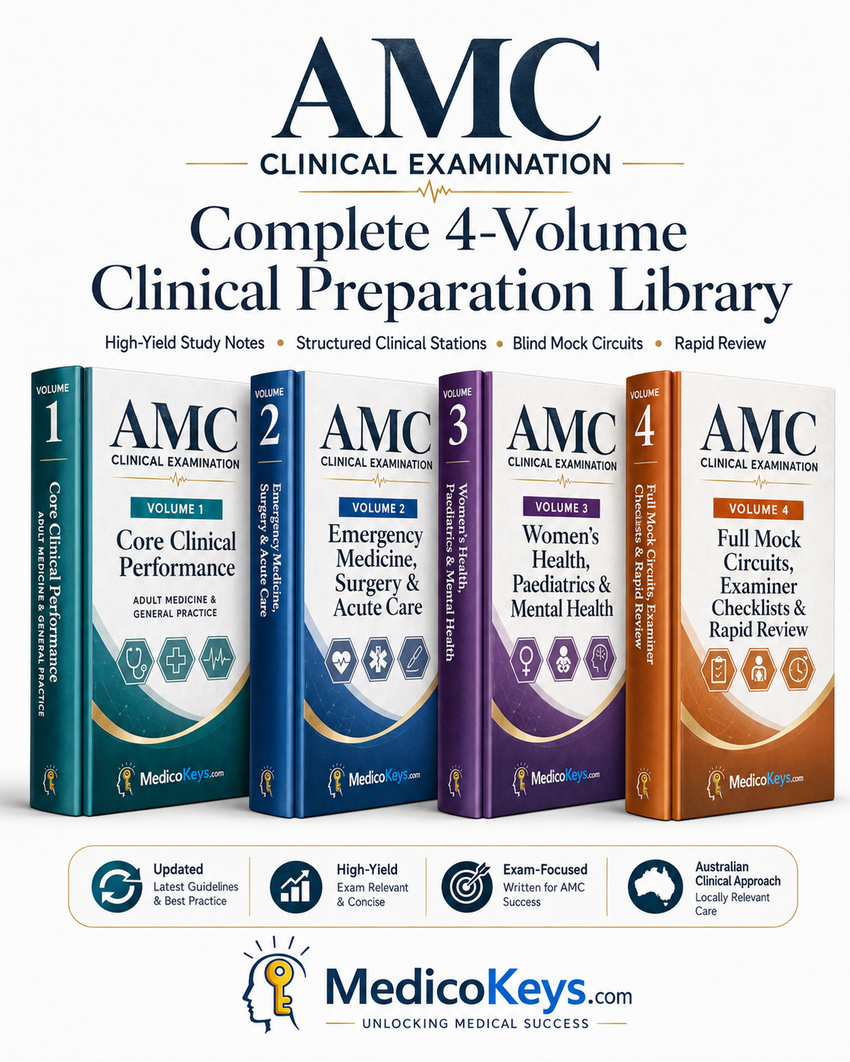 MedicoKeys AMC Clinical Examination Complete Premium Library – comprehensive AMC Clinical exam preparation eBook collection with all four volumes.