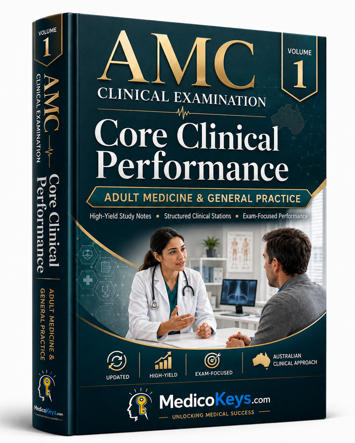 MedicoKeys AMC Clinical Examination Volume 1 eBook cover – Core Clinical Performance, Adult Medicine and General Practice exam preparation.