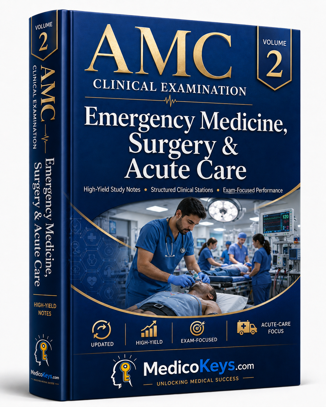 MedicoKeys AMC Clinical Examination Volume 2 eBook cover – Emergency Medicine, Surgery and Acute Care exam-focused clinical preparation.