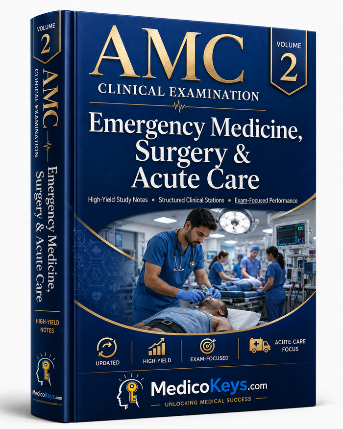 MedicoKeys AMC Clinical Examination Volume 2 eBook cover – Emergency Medicine, Surgery and Acute Care exam-focused clinical preparation.
