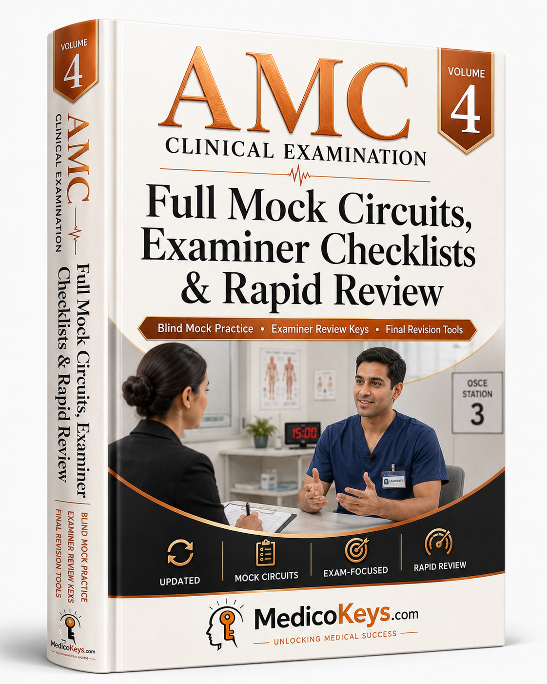 MedicoKeys AMC Clinical Examination Volume 4 eBook cover – Full Mock Circuits, Examiner Checklists and Rapid Review for AMC Clinical preparation.