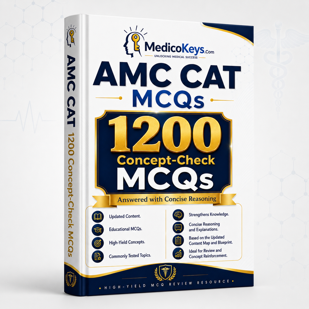 AMC CAT MCQ 1200 updated high-yield Concept-Check questions with concise reasoning, color-coded explanations and exam-focused clinical revision