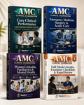 MedicoKeys AMC Clinical Examination full package featuring four realistic 3D study books in a premium display: Volume 1 Core Clinical Performance for Adult Medicine & General Practice, Volume 2 Emergency Medicine, Surgery & Acute Care, Volume 3 Women’s Health, Paediatrics & Mental Health, and Volume 4 Full Mock Circuits, Examiner Checklists & Rapid Review. The books feature large, prominent AMC Clinical Examination titles with bold strike-brush backgrounds and a clean pale studio setting. Updated, high-yiel