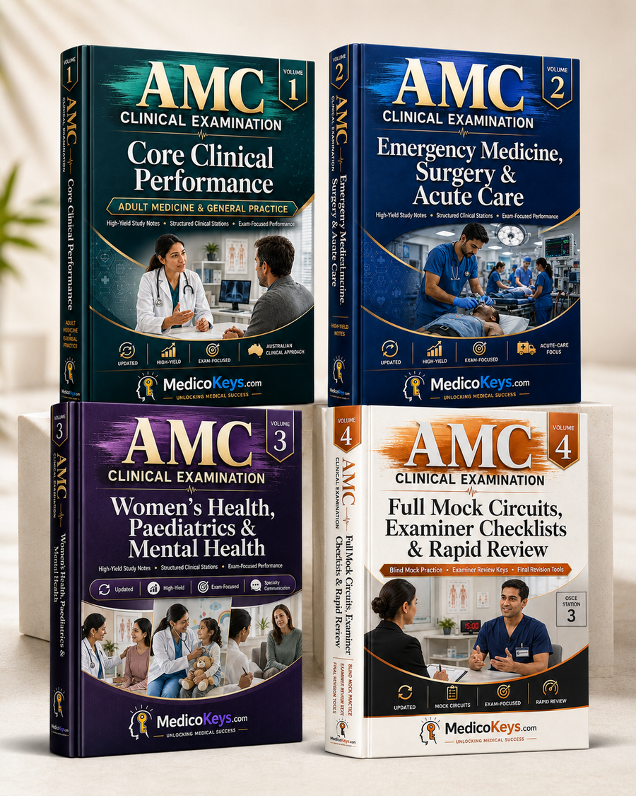 MedicoKeys AMC Clinical Examination full package featuring four realistic 3D study books in a premium display: Volume 1 Core Clinical Performance for Adult Medicine & General Practice, Volume 2 Emergency Medicine, Surgery & Acute Care, Volume 3 Women’s Health, Paediatrics & Mental Health, and Volume 4 Full Mock Circuits, Examiner Checklists & Rapid Review. The books feature large, prominent AMC Clinical Examination titles with bold strike-brush backgrounds and a clean pale studio setting. Updated, high-yiel