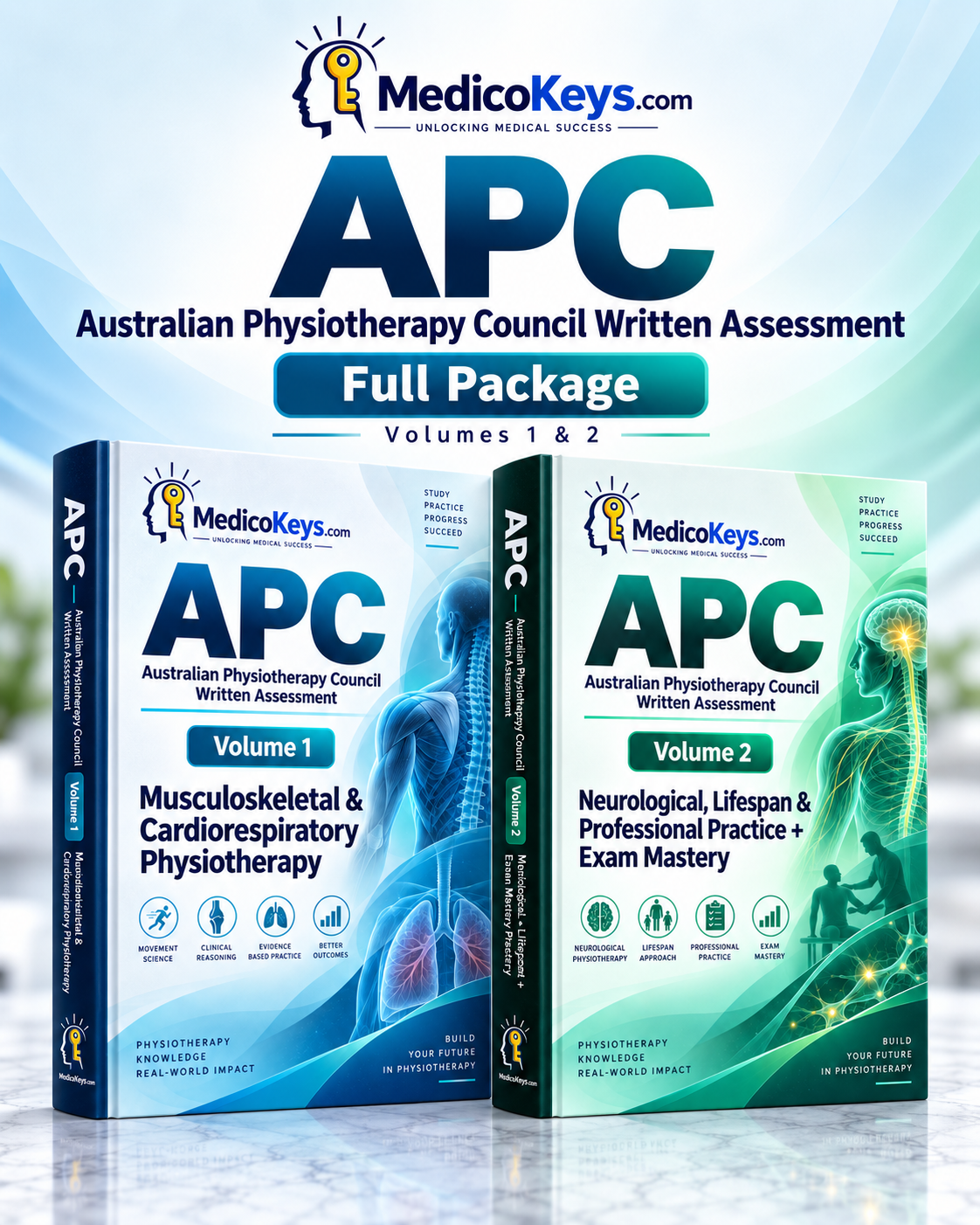 APC Written Assessment complete 2-volume premium eBook package for Australian Physiotherapy Council exam preparation by MedicoKeys