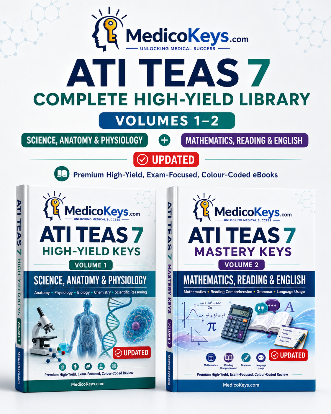 MedicoKeys ATI TEAS 7 Complete High-Yield Library featuring Volume 1 Science, Anatomy and Physiology and Volume 2 Mathematics, Reading and English eBooks