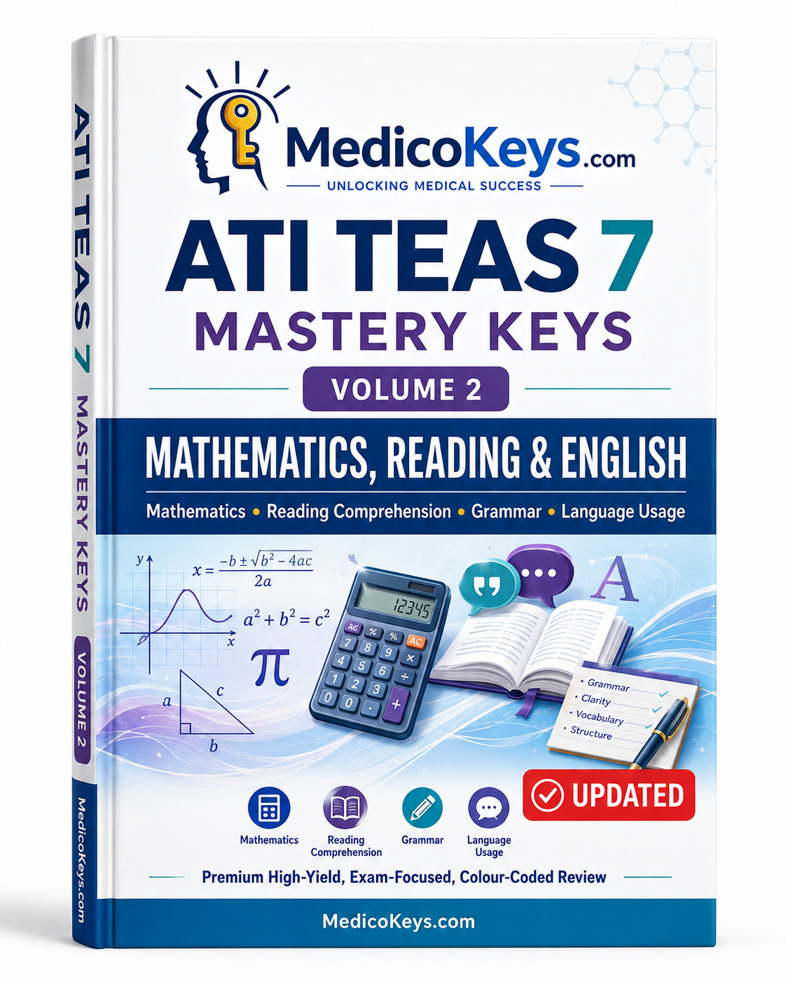 MedicoKeys ATI TEAS 7 Mastery Keys Volume 2 eBook covering Mathematics, Reading Comprehension, English and Language Usage