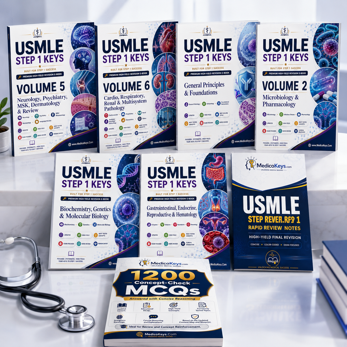Updated USMLE Step 1 Complete Package by MedicoKeys featuring Step 1 Keys Volumes 1–6, high-yield color-coded Rapid Review Notes, and 1200 Concept-Check MCQs with concise reasoning — premium exam-focused study material covering general principles, microbiology, pharmacology, biochemistry, genetics, molecular biology, gastrointestinal, endocrine, reproductive, hematology, neurology, psychiatry, MSK, dermatology, cardiovascular, respiratory, renal and multisystem pathology for USMLE Step 1 preparation, revisi