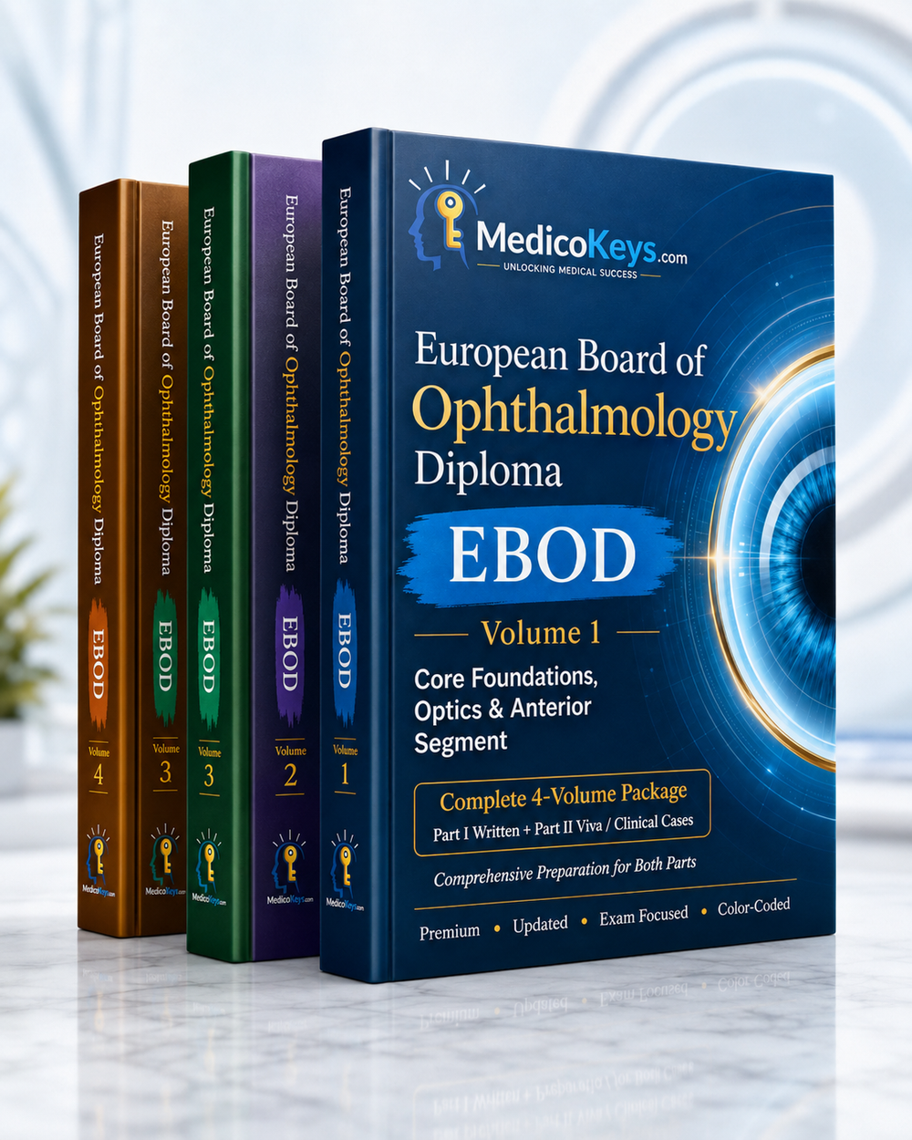 MedicoKeys EBOD European Board of Ophthalmology Diploma complete 4-volume package for Part I written and Part II viva and clinical exam preparation.