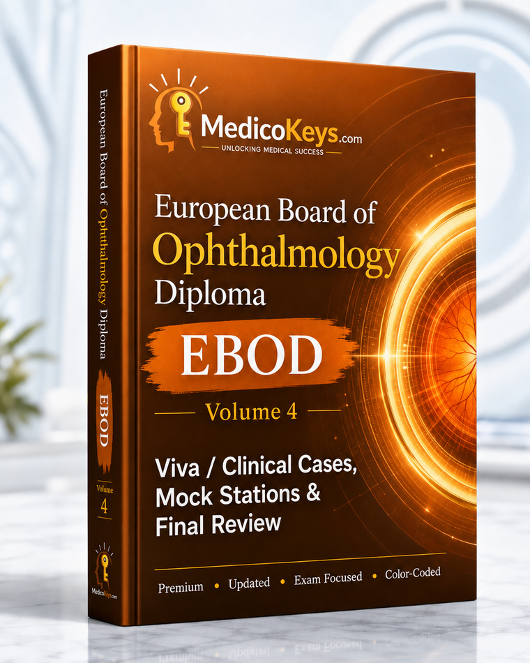 MedicoKeys EBOD Volume 4 – Viva, Clinical Cases, Mock Stations and Final Review for premium European Board of Ophthalmology Diploma Part II preparation.