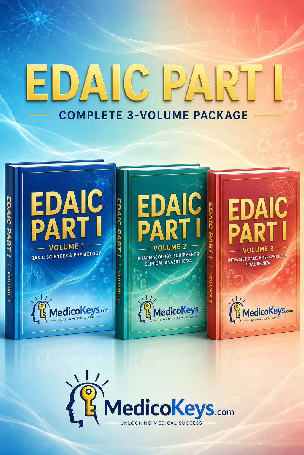 EDAIC Part I Complete 3-Volume Package by MedicoKeys, a premium updated, high-yield, color-coded and exam-focused eBook library covering Basic Sciences, Physiology, Pharmacology, Clinical Anaesthesia, Intensive Care, Emergencies, embedded key notes and EDAIC-style MTF practice.