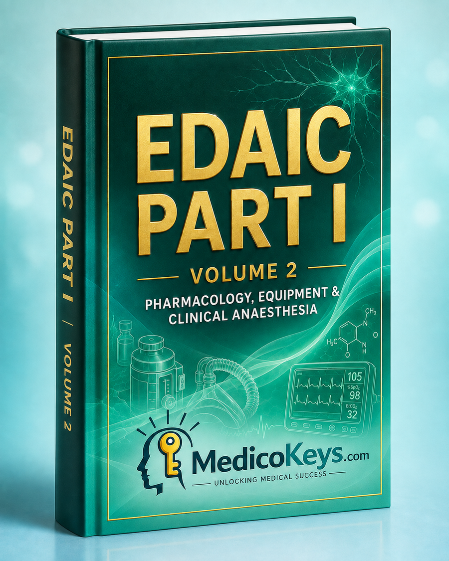 EDAIC Part I Volume 2 Pharmacology, Equipment & Clinical Anaesthesia premium eBook by MedicoKeys, updated, high-yield, color-coded and exam-focused, with embedded key notes, pharmacology, monitoring, airway, equipment, clinical reasoning and EDAIC-style MTF practice.