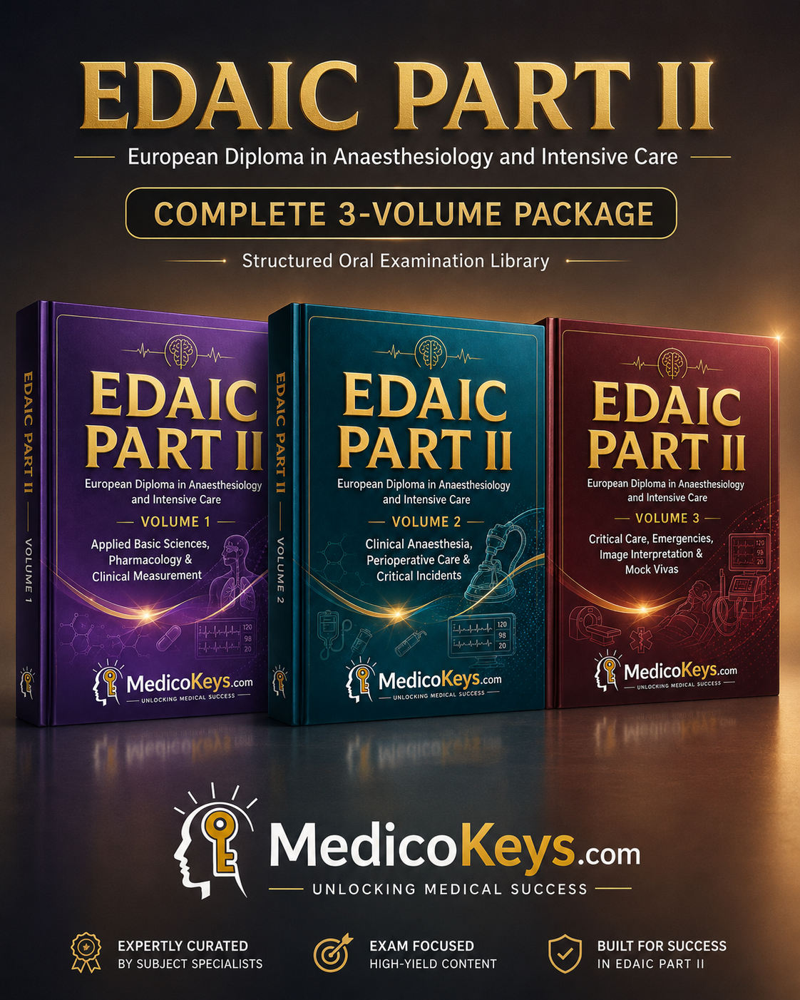 EDAIC Part II Complete 3-Volume Package premium eBook library cover by MedicoKeys, updated, high-yield, color-coded and exam-focused for the European Diploma in Anaesthesiology and Intensive Care Structured Oral Examination, featuring Volumes 1, 2 and 3.