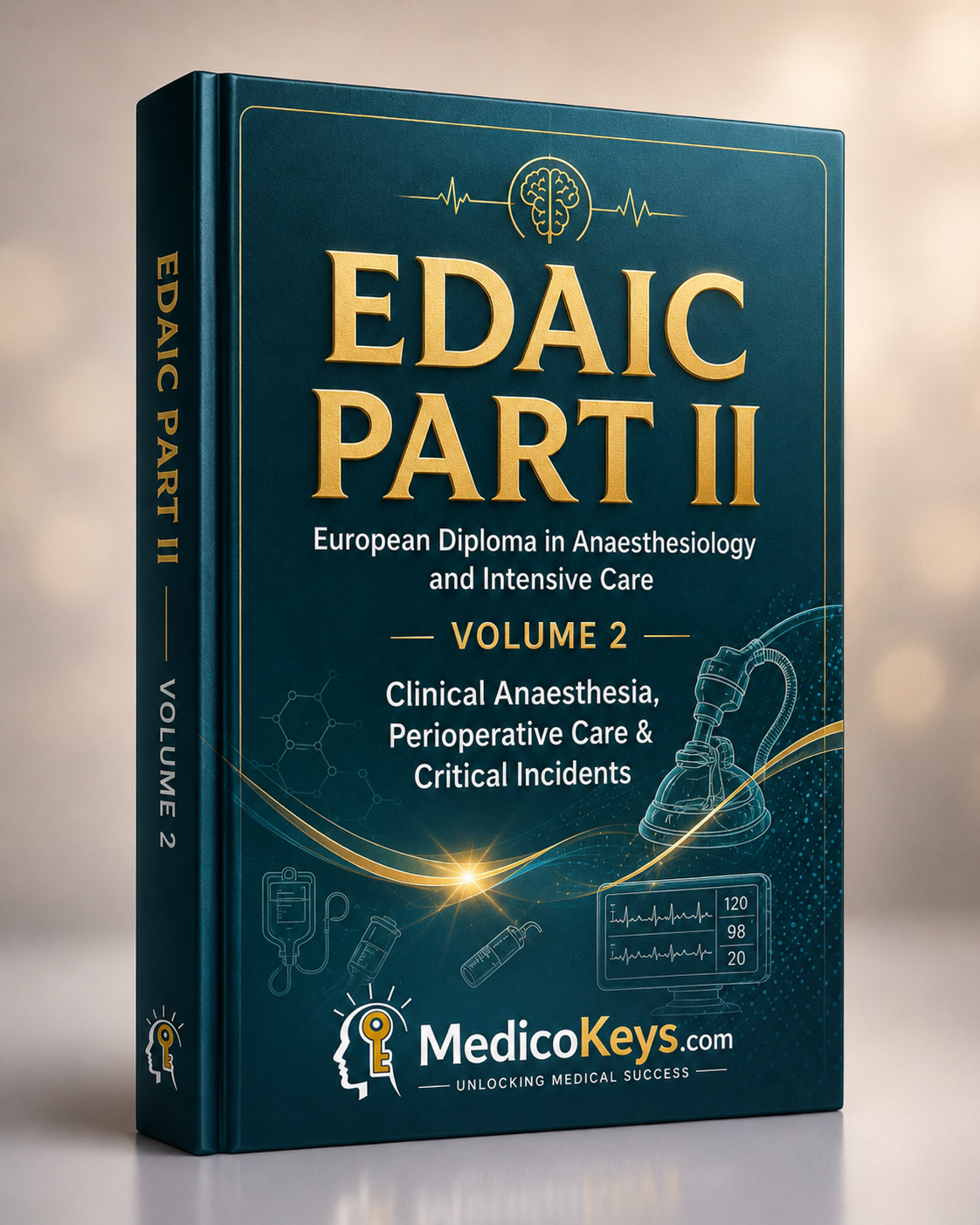 EDAIC Part II Volume 2 Clinical Anaesthesia, Perioperative Care & Critical Incidents premium eBook cover by MedicoKeys, updated, high-yield, color-coded and exam-focused for the European Diploma in Anaesthesiology and Intensive Care Structured Oral Examination.
