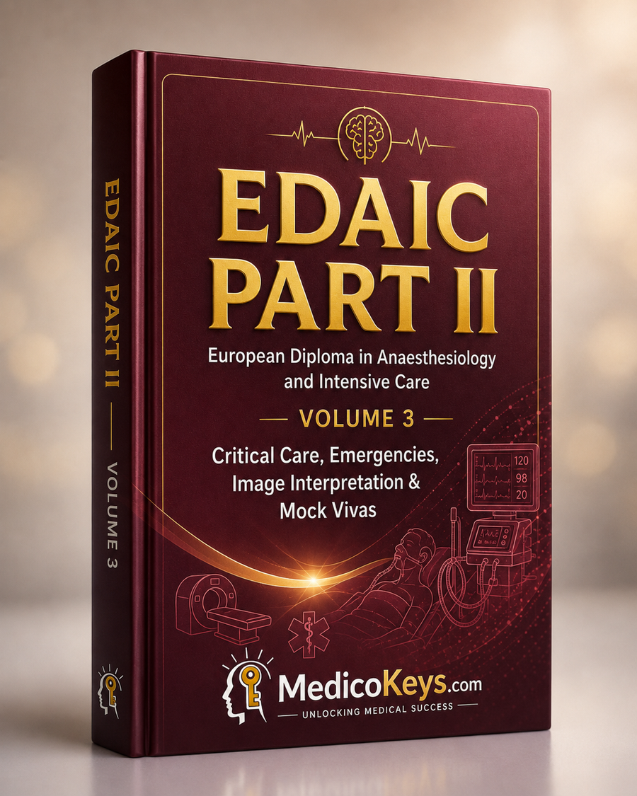 EDAIC Part II Volume 3 Critical Care, Emergencies, Image Interpretation & Mock Vivas premium eBook cover by MedicoKeys, updated, high-yield, color-coded and exam-focused for the European Diploma in Anaesthesiology and Intensive Care Structured Oral Examination.