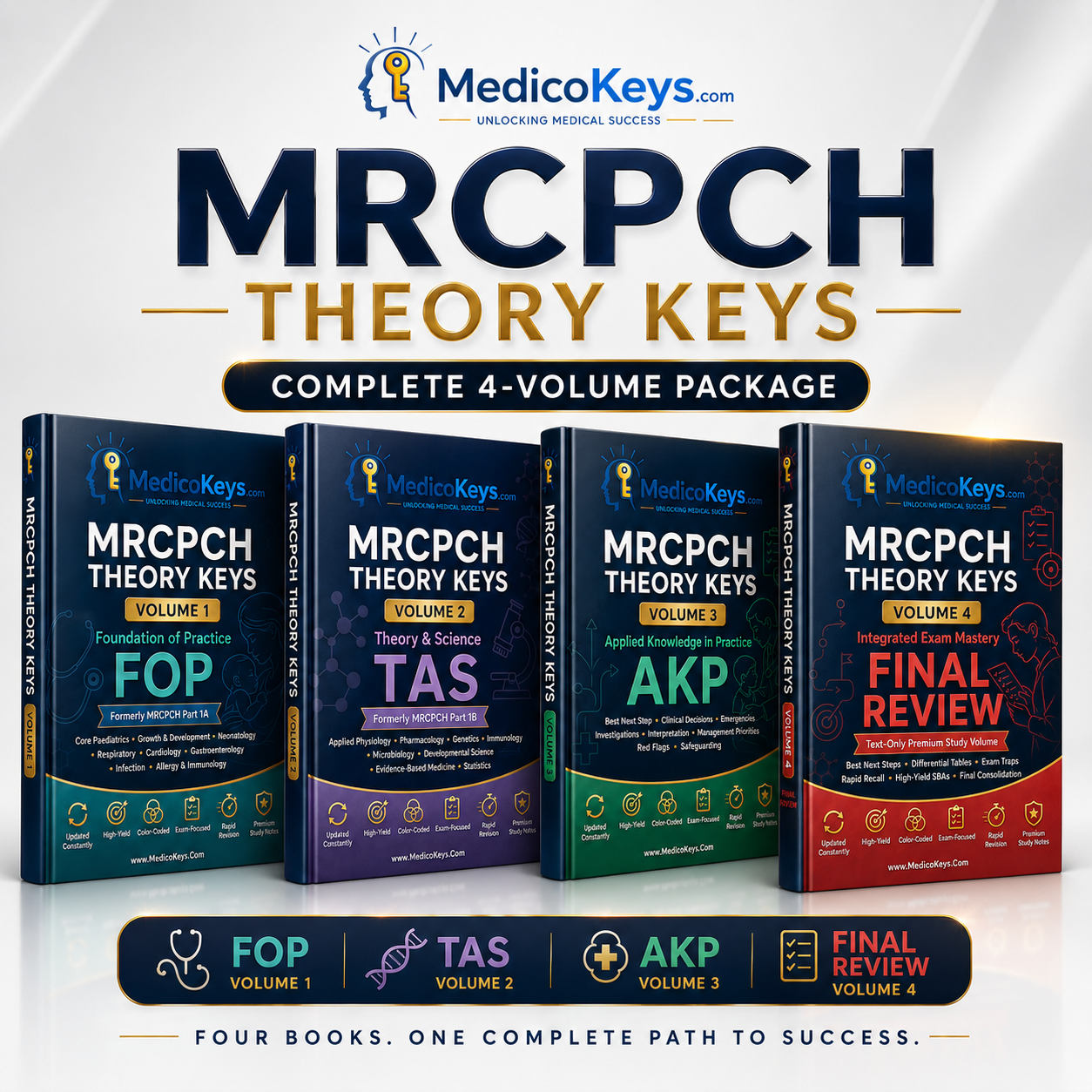 MedicoKeys MRCPCH premium revision complete 4-volume eBook library for FOP, TAS, AKP and integrated final review exam preparation