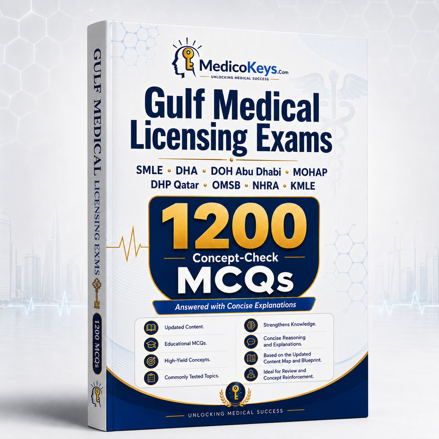 Gulf Medical Licensing Exams 1200 Concept-Check MCQs — updated high-yield color-coded questions with concise explanations for SMLE, DHA, DOH, MOHAP, Qatar DHP, OMSB, NHRA and KMLE preparation
