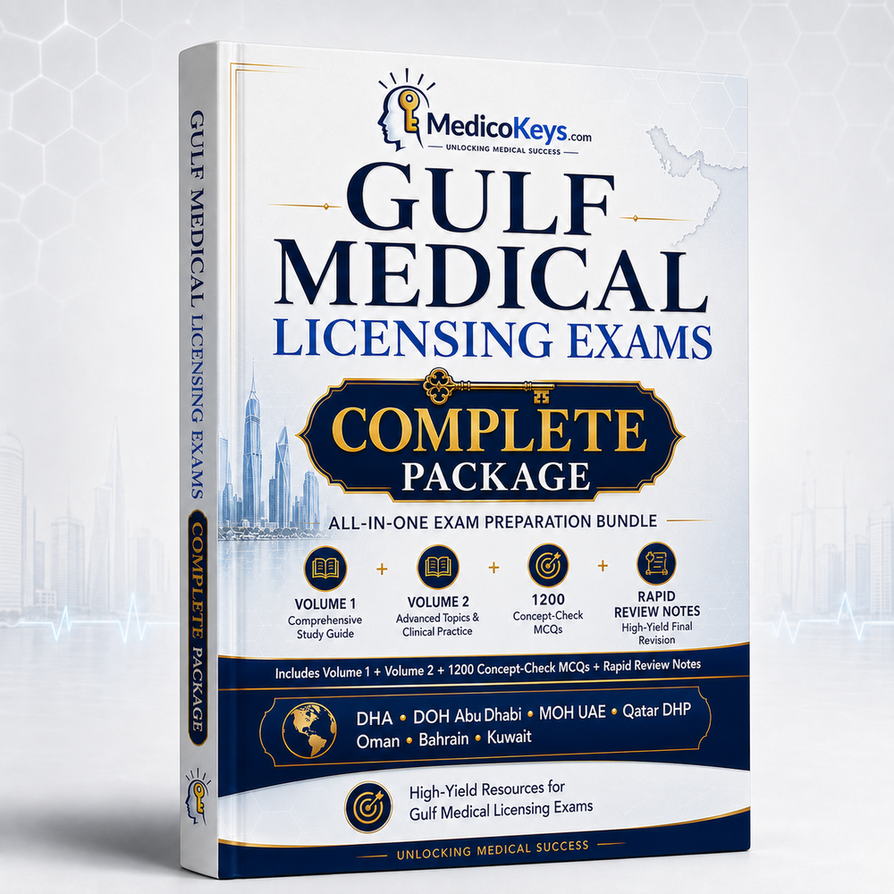 Complete Gulf Medical Licensing Exams Package with all 4 updated high-yield visual and color-coded eBooks for SMLE, DHA, DOH/HAAD, MOHAP, Qatar DHP, OMSB, NHRA and KMLE