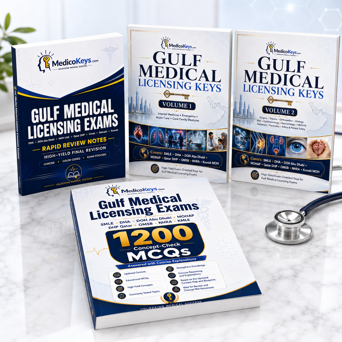 Updated Gulf Medical Licensing Exams Complete Package by MedicoKeys featuring Gulf Medical Licensing Keys Volumes 1 and 2, high-yield color-coded Rapid Review Notes, and 1200 Concept-Check MCQs with concise explanations — premium exam-focused study material for SMLE, DHA, DOH Abu Dhabi, MOHAP, Qatar DHP, OMSB, NHRA, Kuwait MOH and other Gulf medical licensing exam preparation, revision, knowledge reinforcement, and final review.