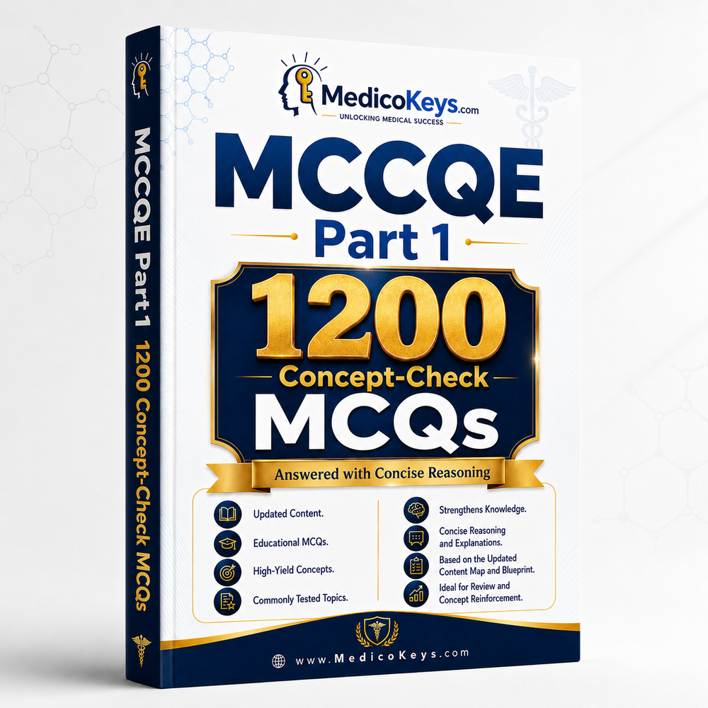 Premium MedicoKeys MCCQE Part I 1200 Concept-Check MCQs eBook with answers, concise reasoning and high-yield Canadian medical exam revision