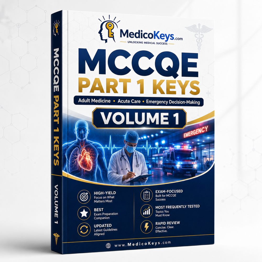 MedicoKeys MCCQE Part I Keys Volume 1 eBook covering adult medicine, acute care and emergency clinical decision-making