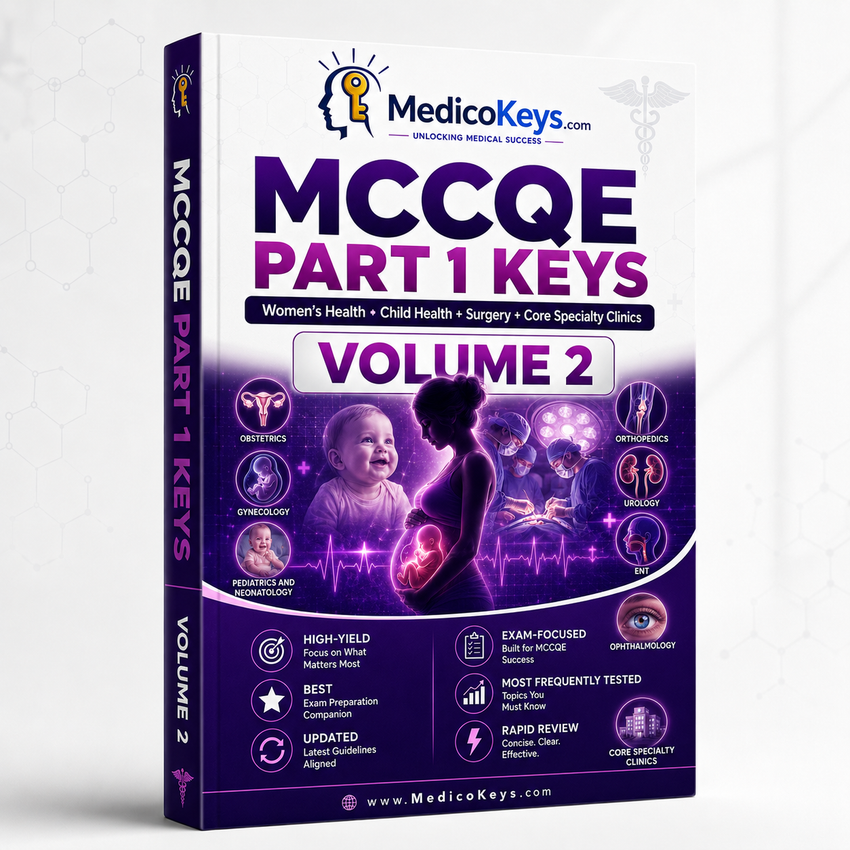 MedicoKeys MCCQE Part I Keys Volume 2 eBook covering women’s health, obstetrics, pediatrics, surgery, trauma and core specialty clinics