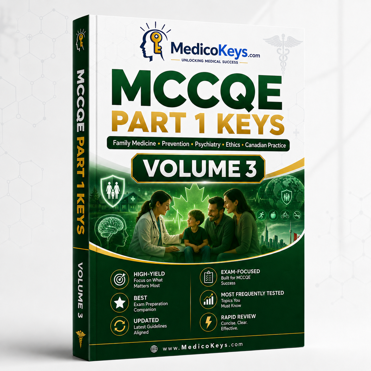 Premium MedicoKeys MCCQE Part I Keys Volume 3 eBook covering family medicine, prevention, psychiatry, ethics and Canadian clinical practice