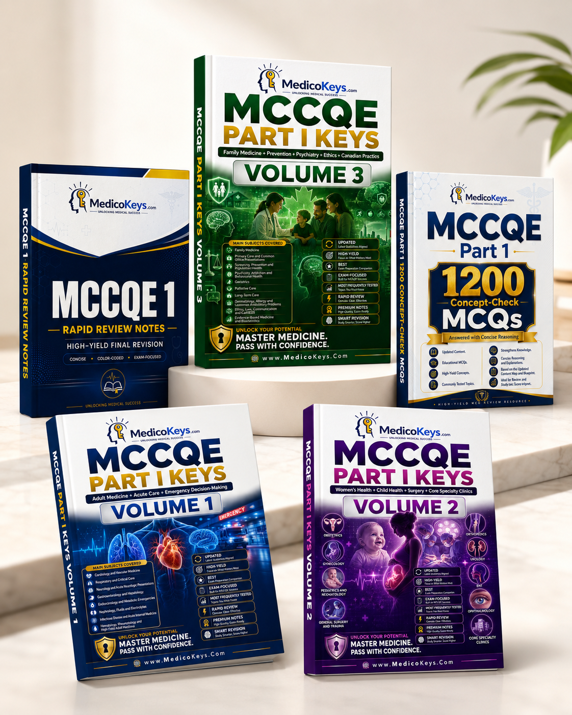 Premium MedicoKeys MCCQE Part I complete package featuring five realistic exam-prep books: MCCQE Part I Keys Volumes 1, 2 and 3, 1200 Concept-Check MCQs, and Rapid Review Notes. Updated, high-yield, color-coded, exam-focused study material with premium notes, concise revision content, MCQs, explanations, and comprehensive coverage for Medical Council of Canada Qualifying Examination Part I preparation.