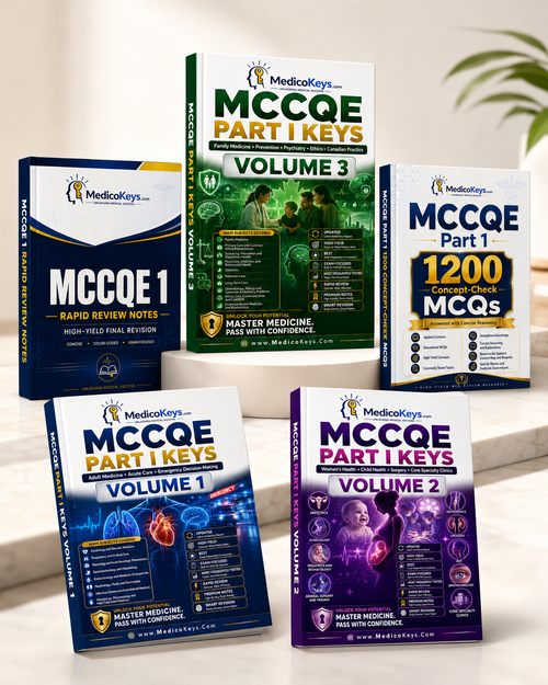 Premium MedicoKeys MCCQE Part I complete package featuring five realistic exam-prep books: MCCQE Part I Keys Volumes 1, 2 and 3, 1200 Concept-Check MCQs, and Rapid Review Notes. Updated, high-yield, color-coded, exam-focused study material with premium notes, concise revision content, MCQs, explanations, and comprehensive coverage for Medical Council of Canada Qualifying Examination Part I preparation.