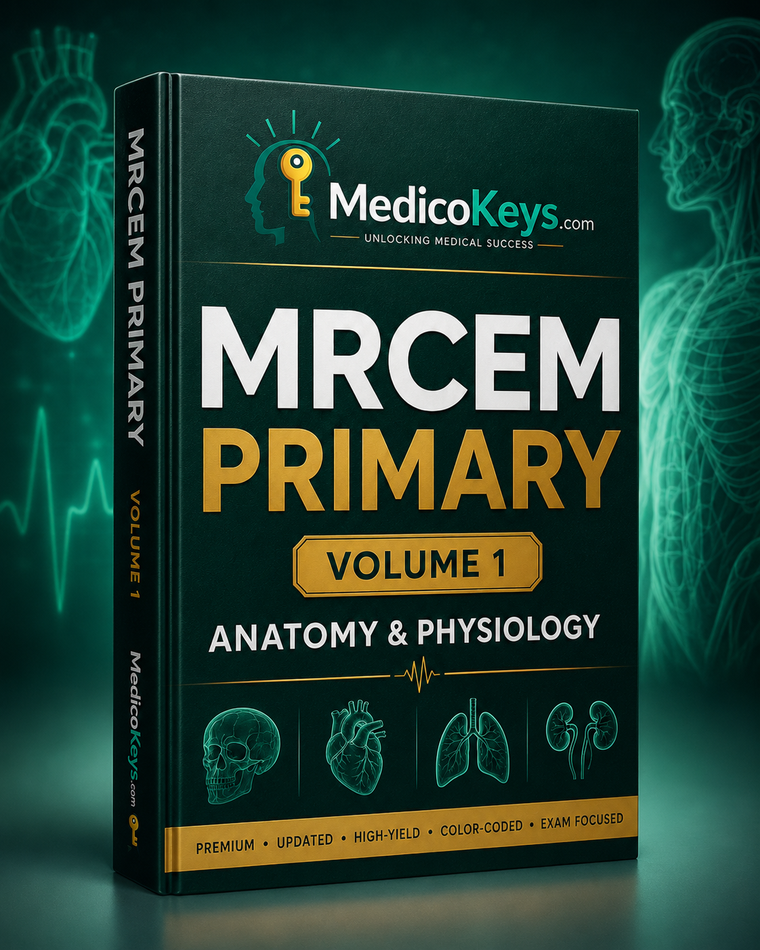 MRCEM Primary Volume 1 Anatomy & Physiology premium eBook by MedicoKeys, a high-yield, updated, color-coded, exam-focused study guide covering core anatomy and physiology for the MRCEM Primary exam with diagrams, key notes, SBA-style practice and mock questions.