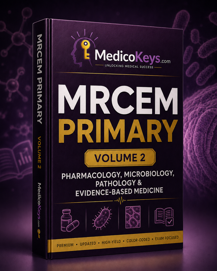 MRCEM Primary Volume 2 Pharmacology, Microbiology, Pathology & Evidence-Based Medicine premium eBook by MedicoKeys, an updated, high-yield, color-coded, exam-focused study guide for the MRCEM Primary exam with key notes, mechanisms, SBA-style questions, calculations and mock practice.