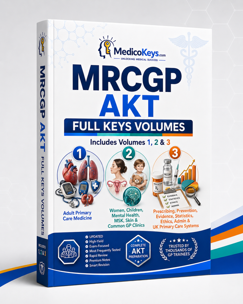 Complete MRCGP AKT Keys Collection with three premium updated visual and colour-coded eBooks covering adult primary care, women’s health, child health, mental health, prescribing, evidence, statistics, ethics and UK GP systems