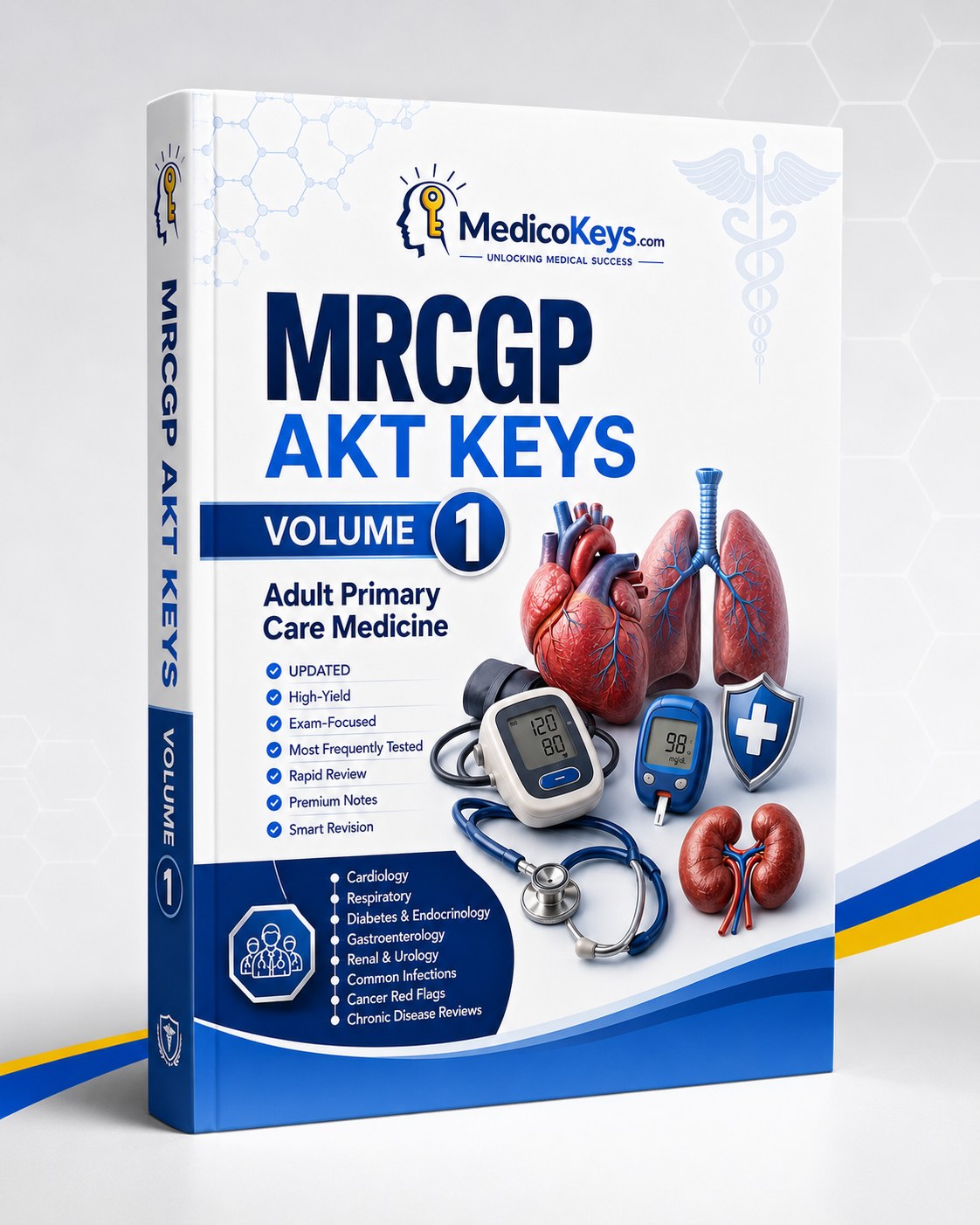 MRCGP AKT Keys Volume 1 premium visual and colour-coded Adult Primary Care Medicine revision eBook covering cardiology, respiratory medicine, diabetes, endocrinology, gastroenterology, renal medicine, infections, cancer red flags and chronic disease management
