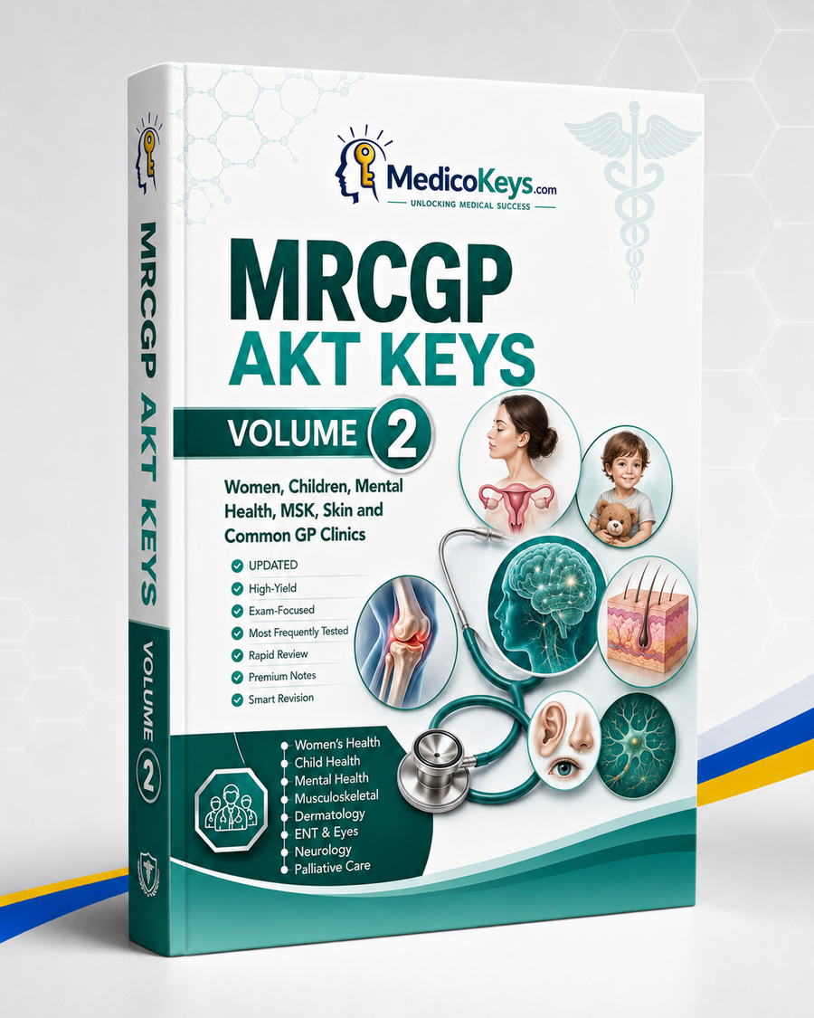 MRCGP AKT Keys Volume 2 premium updated visual and colour-coded eBook covering women’s health, child health, mental health, contraception, pregnancy, musculoskeletal medicine, dermatology, ENT, ophthalmology, neurology, safeguarding and common GP clinics