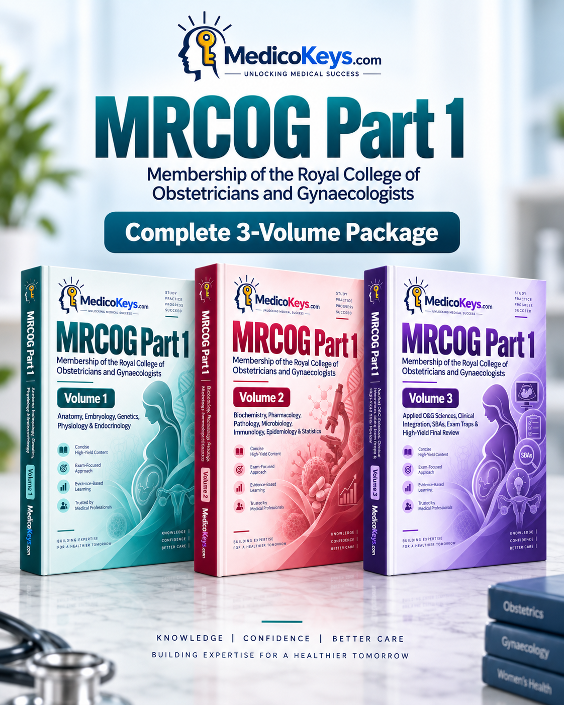 MedicoKeys MRCOG Part 1 Complete 3-Volume Package – premium updated RCOG syllabus-aligned, colour-coded exam preparation eBooks with high-yield notes, clinical science and embedded SBAs.