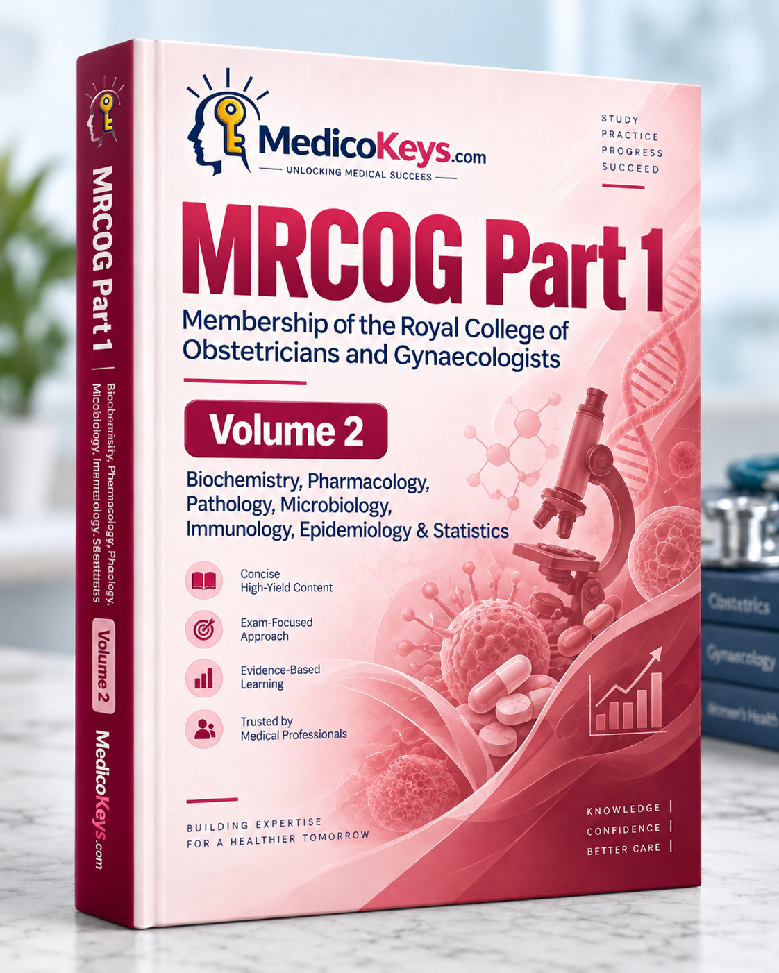 MedicoKeys MRCOG Part 1 Volume 2 premium study eBook cover – biochemistry, pharmacology, pathology, microbiology, immunology, epidemiology and statistics, with high-yield exam-focused notes.
