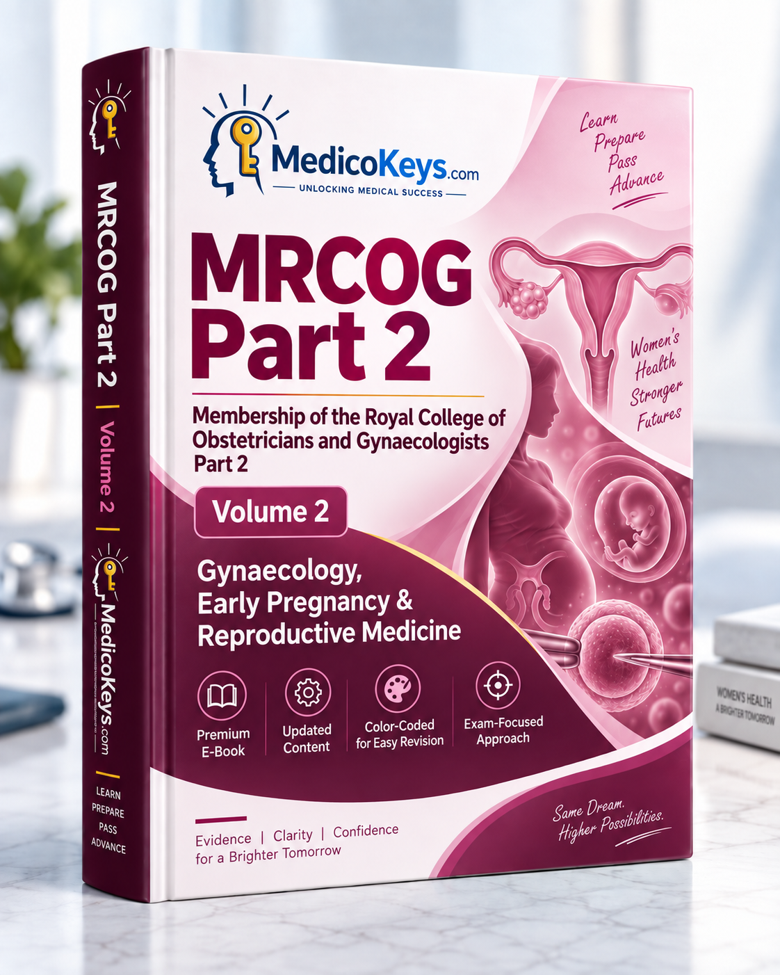 MedicoKeys MRCOG Part 2 Volume 2 premium eBook cover — updated, colour-coded Gynaecology, Early Pregnancy and Reproductive Medicine revision for the UK MRCOG examination.