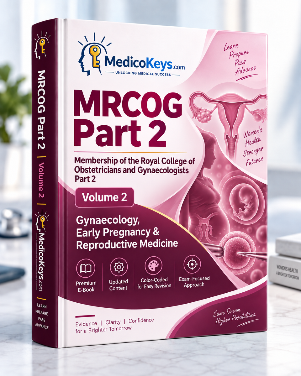 MedicoKeys MRCOG Part 2 Volume 2 premium eBook cover — updated, colour-coded Gynaecology, Early Pregnancy and Reproductive Medicine revision for the UK MRCOG examination.