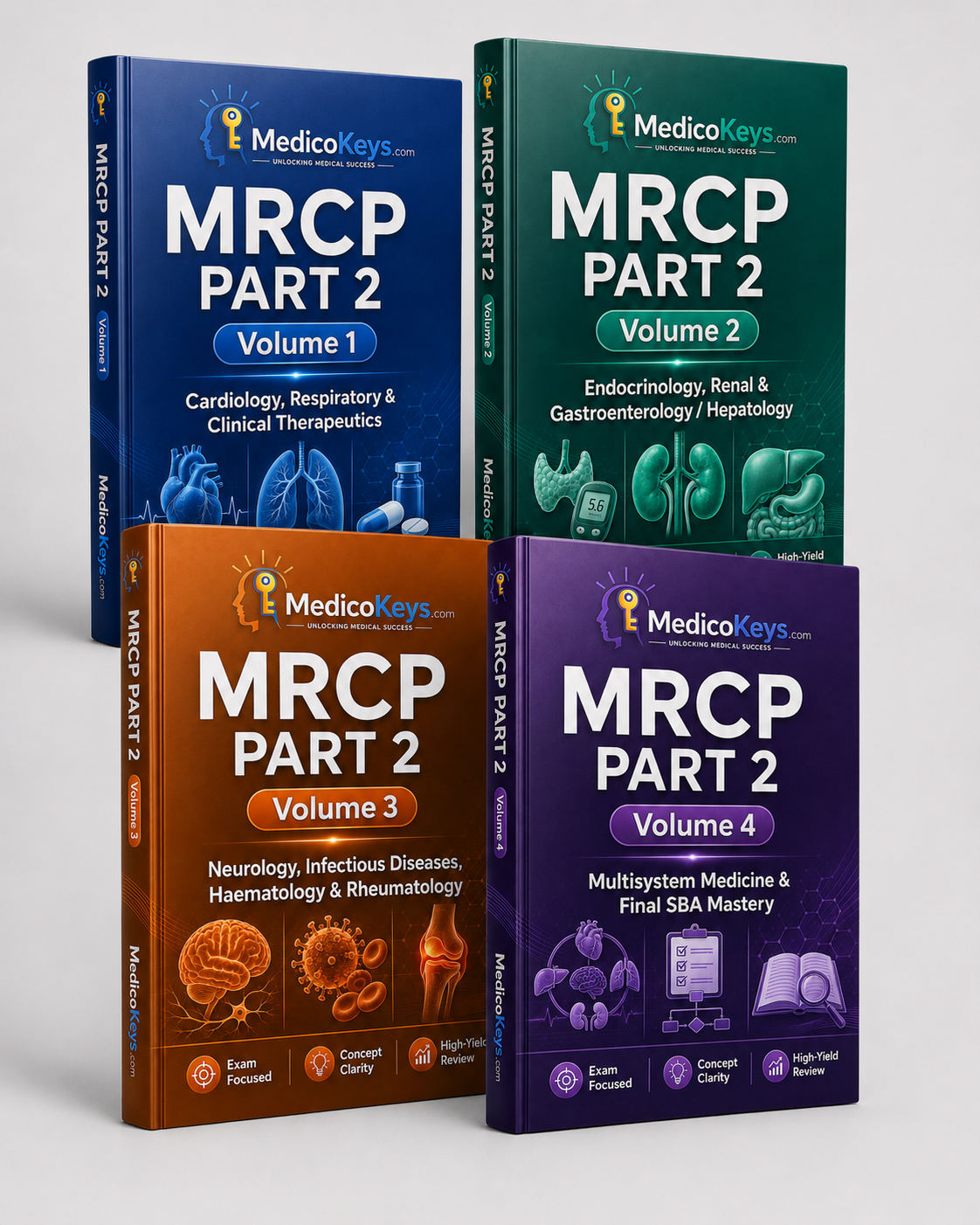 MRCP Part 2 Complete 4-Volume MedicoKeys eBook Package with updated high-yield, color-coded study notes, clinical reasoning, revision points and comprehensive SBA exam preparation.