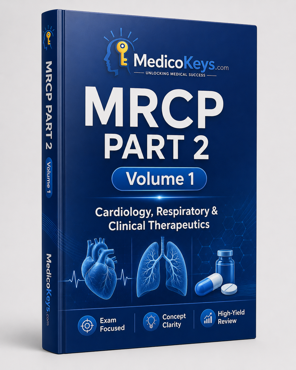MRCP Part 2 Volume 1 MedicoKeys eBook covering Cardiology, Respiratory Medicine and Clinical Therapeutics with updated high-yield, color-coded, exam-focused study notes and SBA revision.