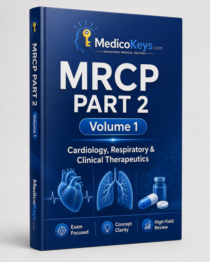 MRCP Part 2 Volume 1 MedicoKeys eBook covering Cardiology, Respiratory Medicine and Clinical Therapeutics with updated high-yield, color-coded, exam-focused study notes and SBA revision.
