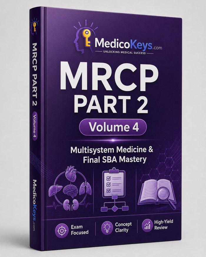 MRCP Part 2 Volume 4 MedicoKeys eBook covering Multisystem Medicine and Final SBA Mastery with updated high-yield, color-coded revision notes, exam traps and best-of-five practice.