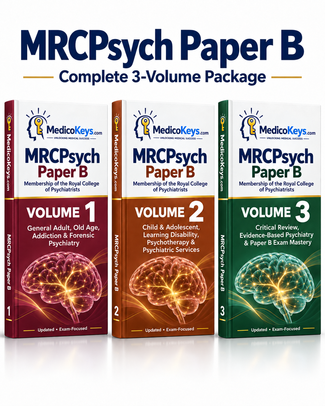 MedicoKeys MRCPsych Paper B Complete 3-Volume eBook Package for premium clinical psychiatry, Critical Review, SBA and EMI exam preparation