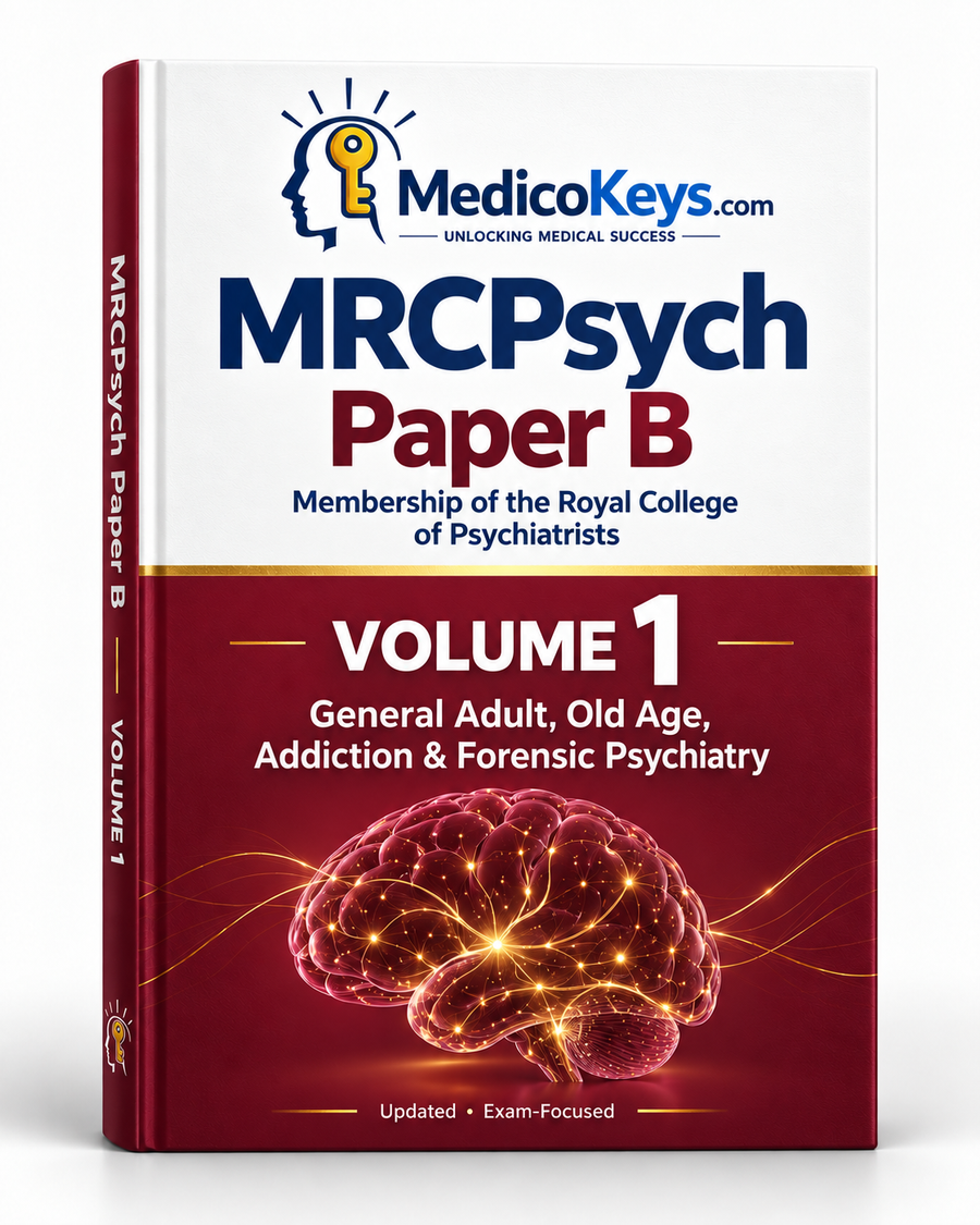 MedicoKeys MRCPsych Paper B Volume 1 eBook cover for General Adult, Old Age, Addiction and Forensic Psychiatry premium exam preparation