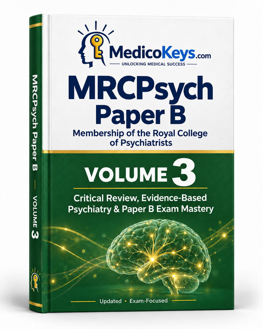 MedicoKeys MRCPsych Paper B Volume 3 eBook cover for Critical Review, Evidence-Based Psychiatry, statistics, research methods and exam preparation