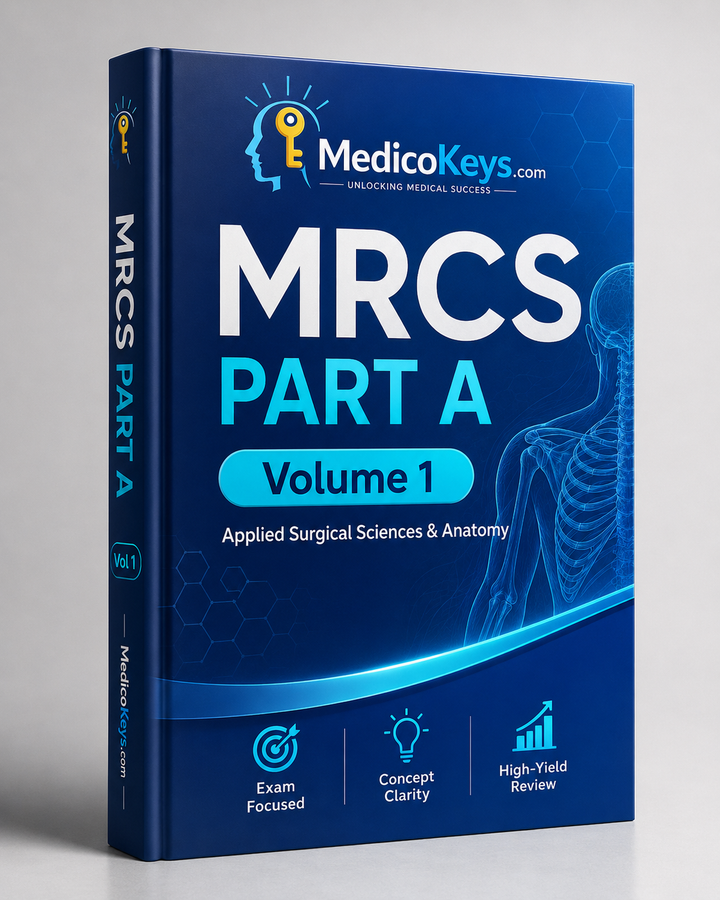 MedicoKeys MRCS Part A Volume 1 eBook cover – Applied Surgical Sciences and Anatomy premium exam preparation with high-yield surgical science and anatomy content.